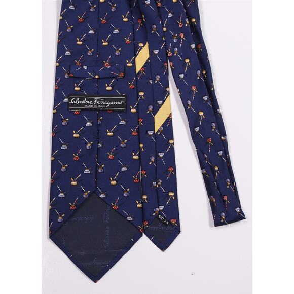 Salvatore Ferragamo Navy Blue Fountain Pen Inkwell Design Silk Necktie Tie